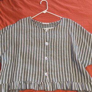 Striped Green and White Wide Blouse Shirt with Buttons and Ruffles